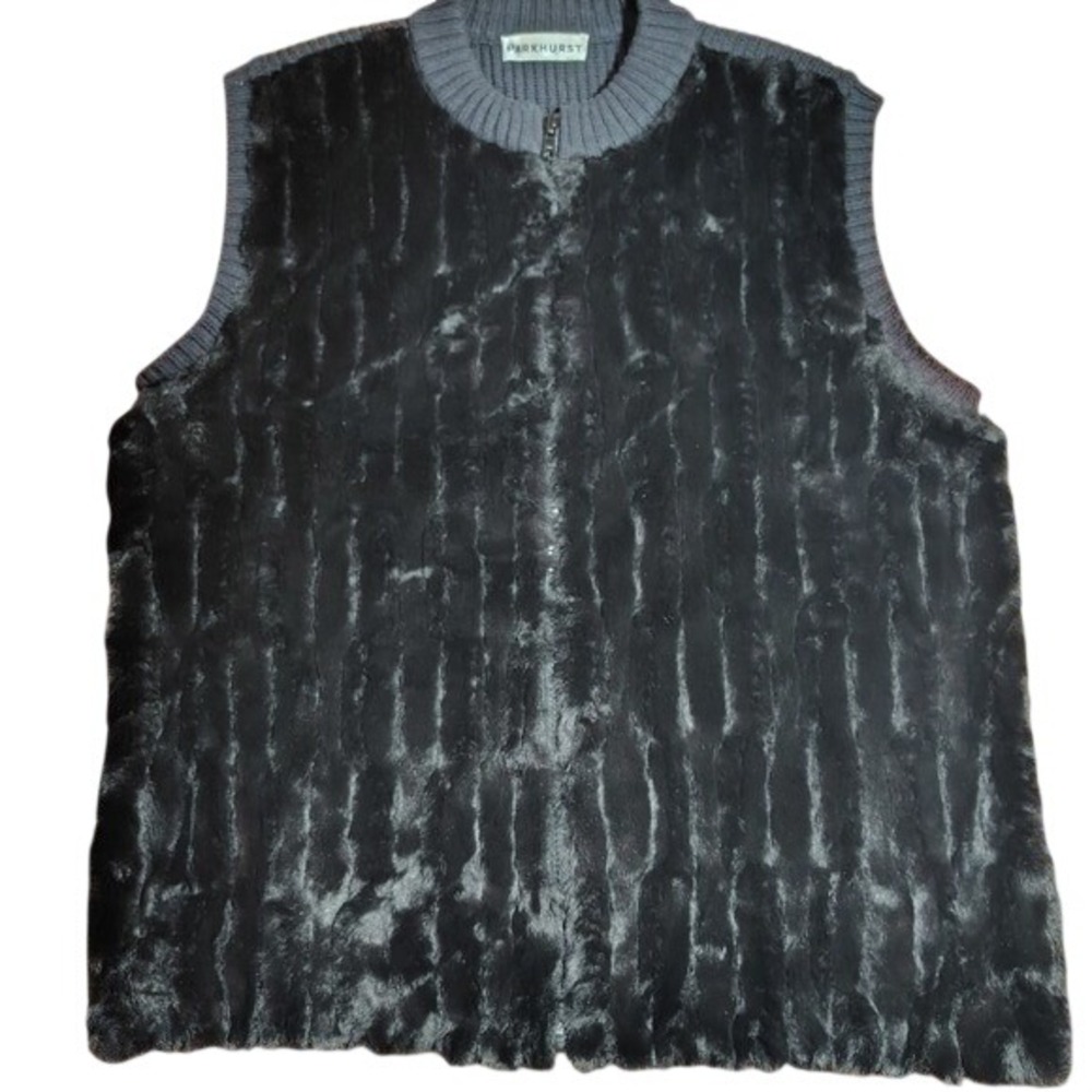 Parkhurst Womens Black‎ Faux Fur Zip Up Sweater Vest Ribbed Knit Collar
